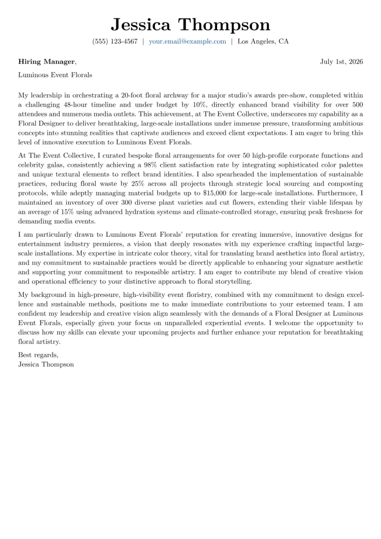 Floral Designer Cover Letter Example