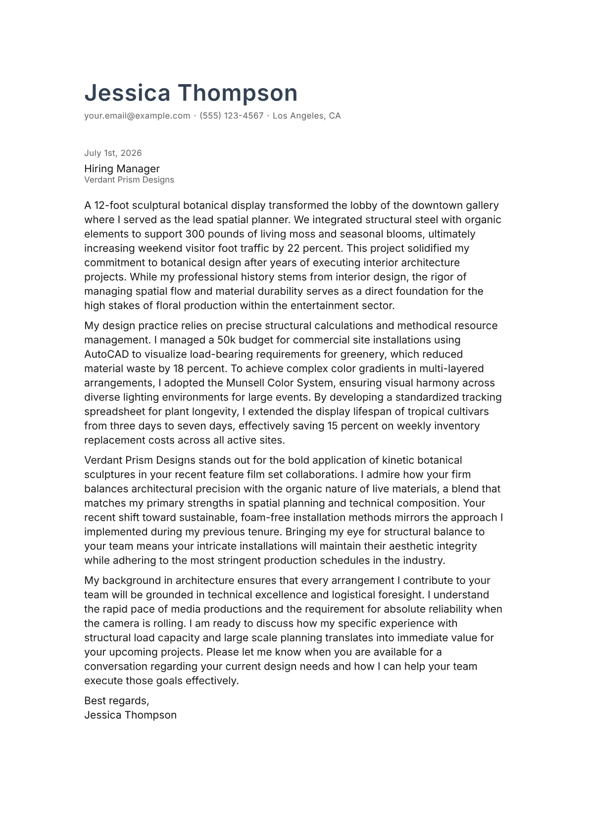 Floral Designer cover letter in the Minimal design