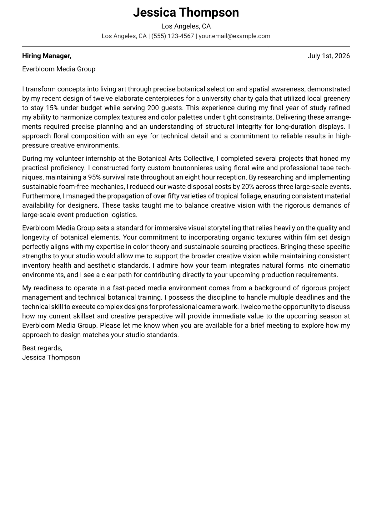 Floral Designer cover letter in the Modern design
