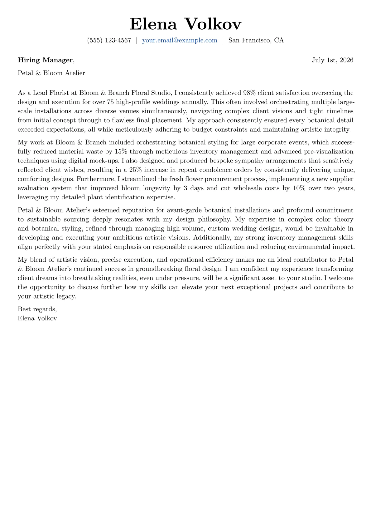 Florist cover letter formatted with a JobSprout template