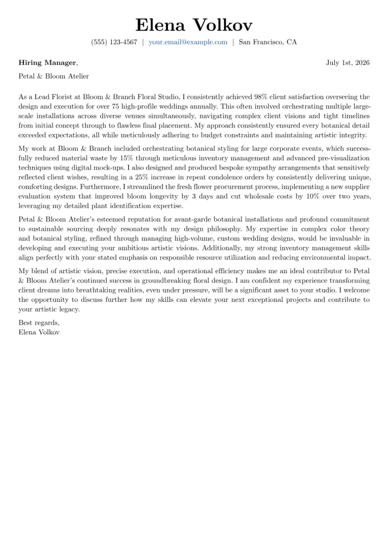 Florist Cover Letter Example
