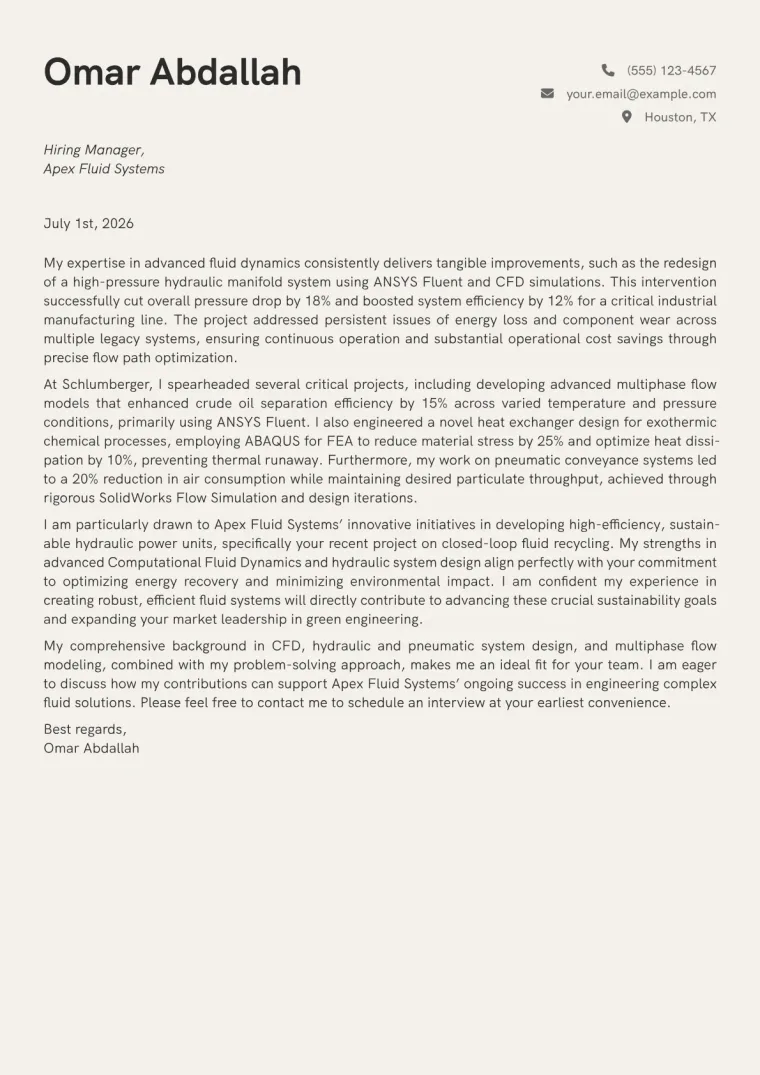 Fluids Engineer cover letter example preview