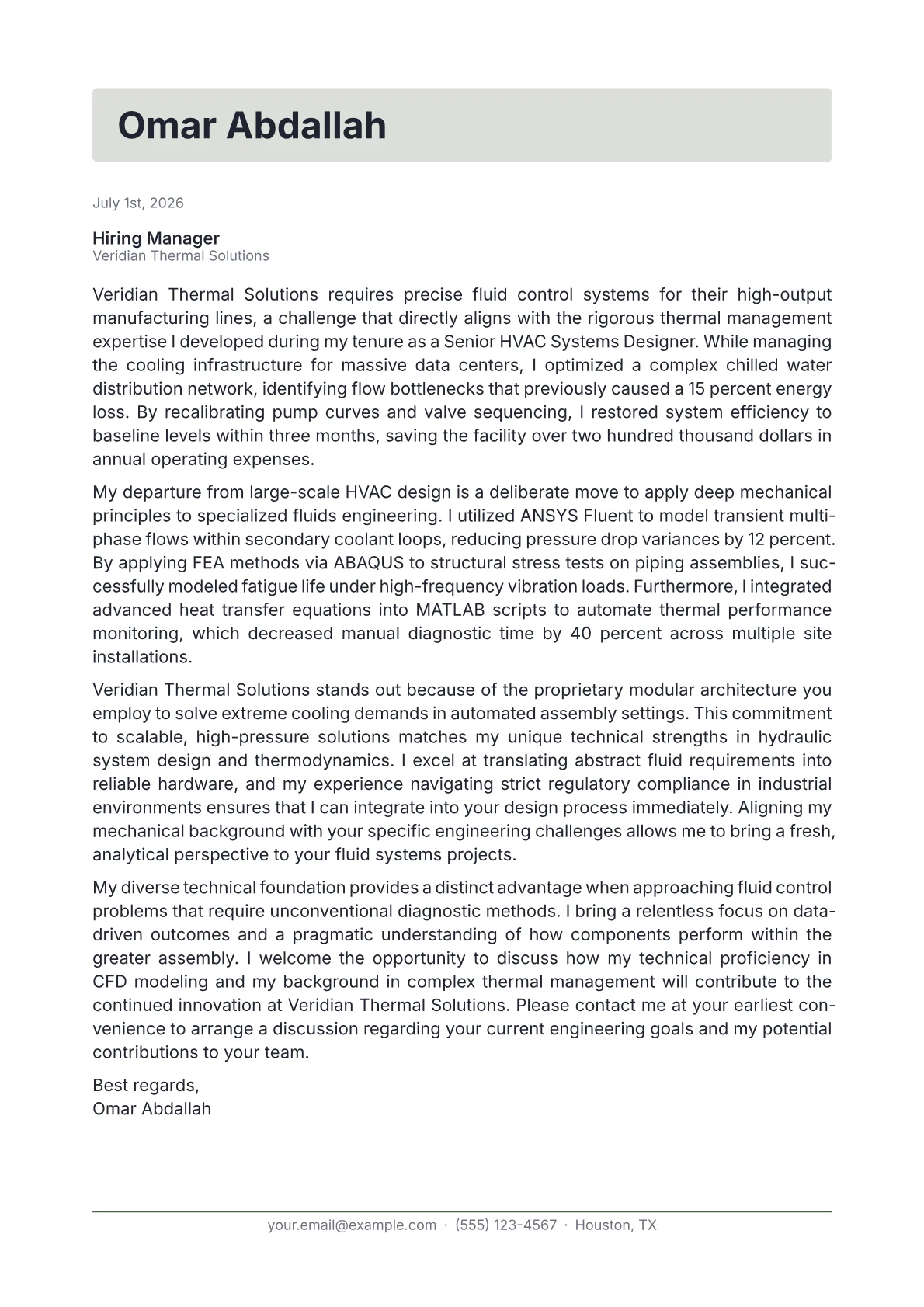 Fluids Engineer cover letter in the Letterhead design