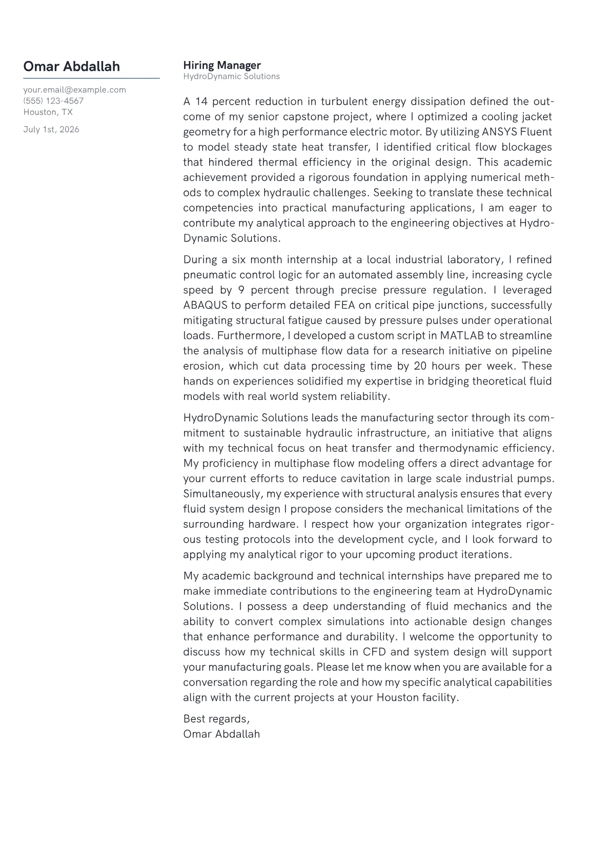 Fluids Engineer cover letter in the Margin design