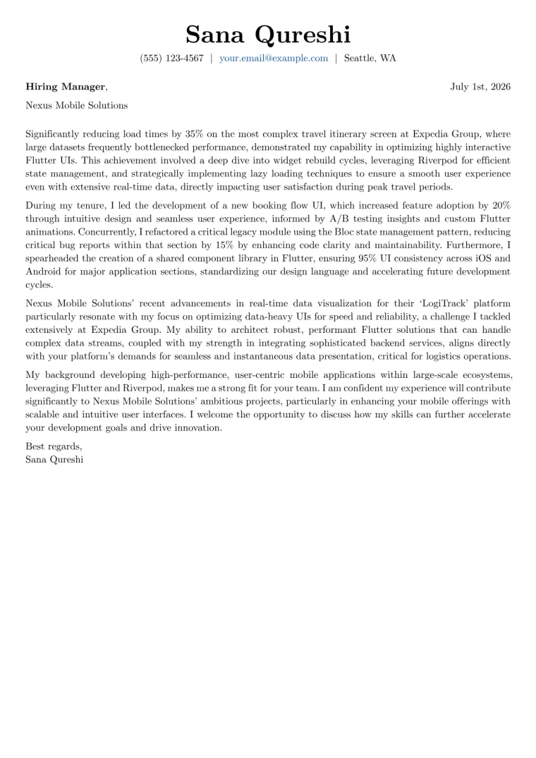 Flutter Developer cover letter example preview