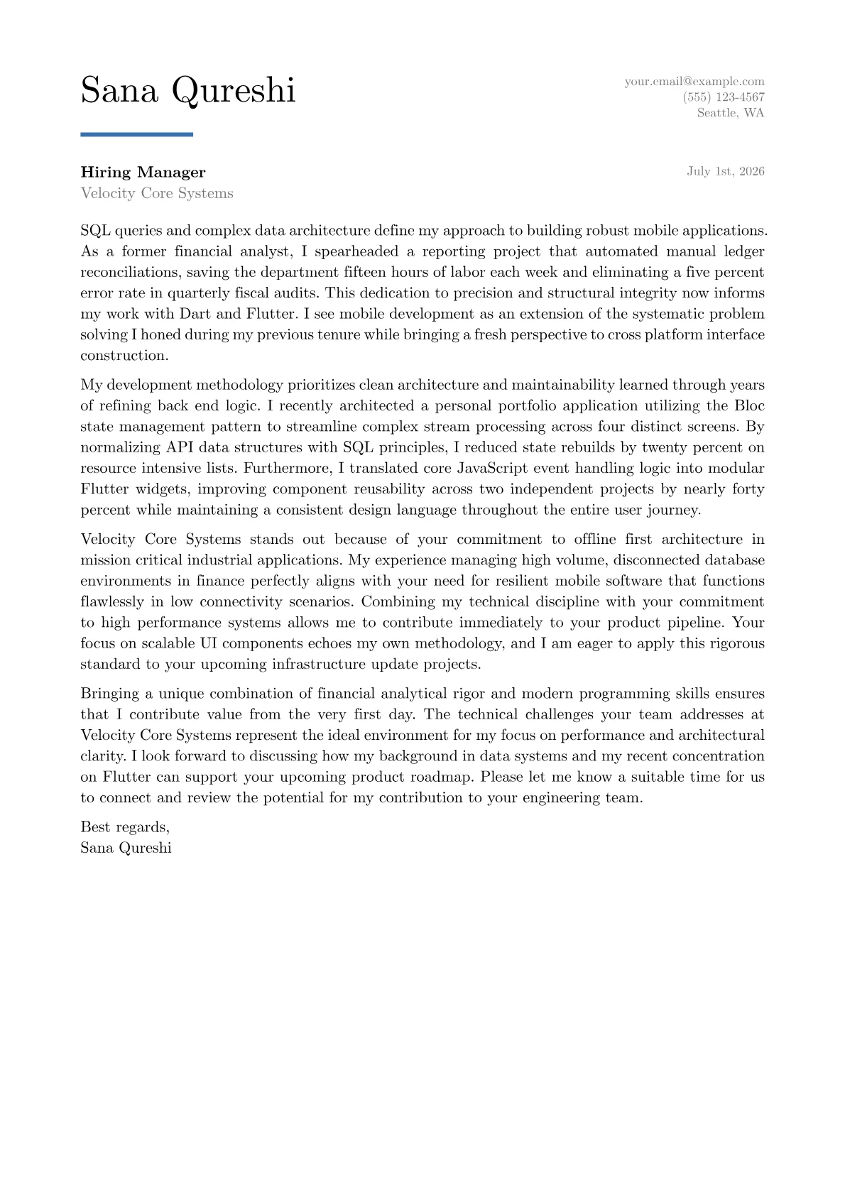 Flutter Developer cover letter in the Executive design