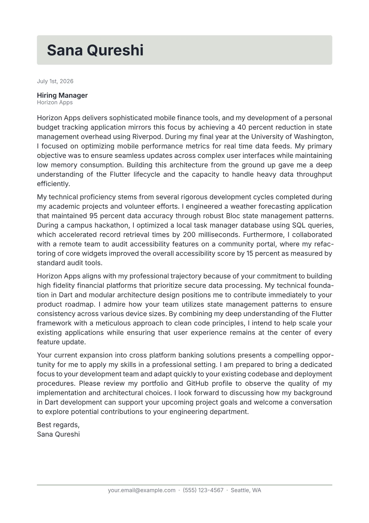 Flutter Developer cover letter in the Letterhead design