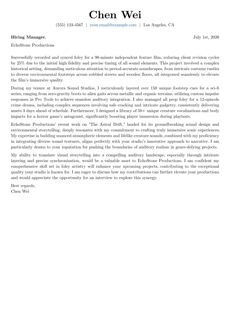 Foley Artist cover letter example preview