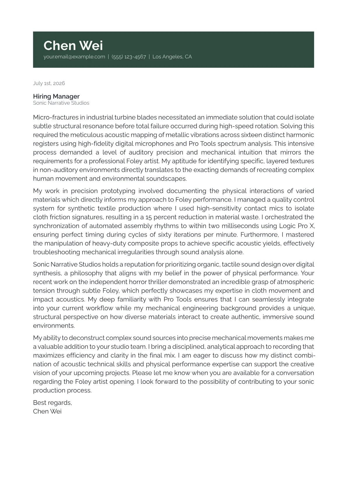 Foley Artist cover letter in the Banner design