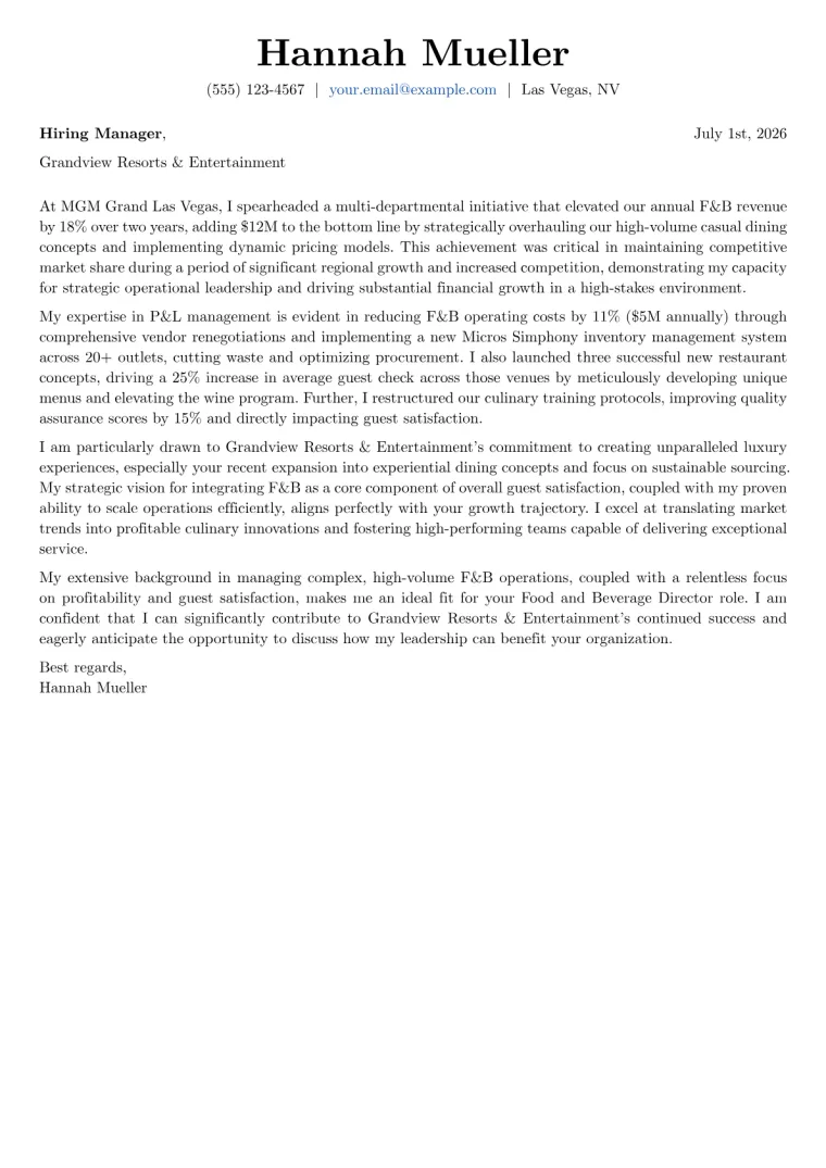 Food and Beverage Director Cover Letter Example