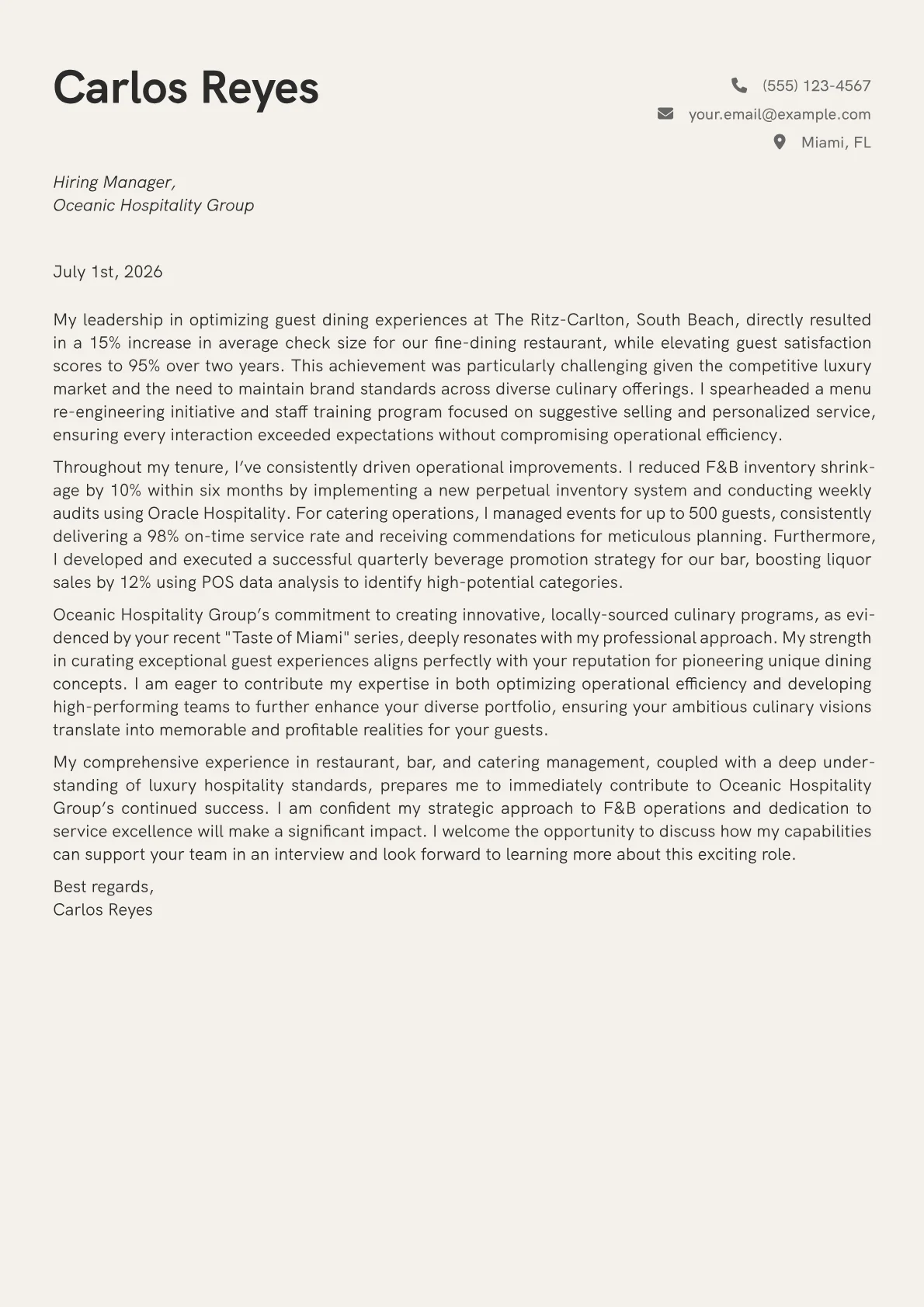 Food and Beverage Manager cover letter formatted with a JobSprout template