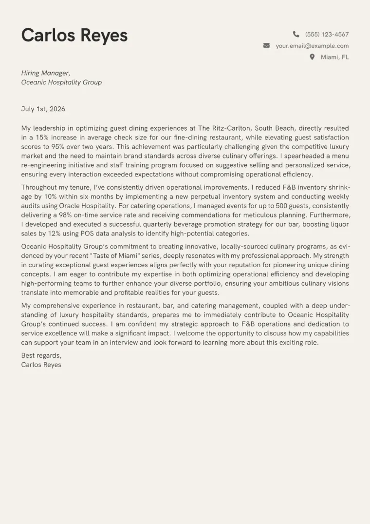 Food and Beverage Manager Cover Letter Example