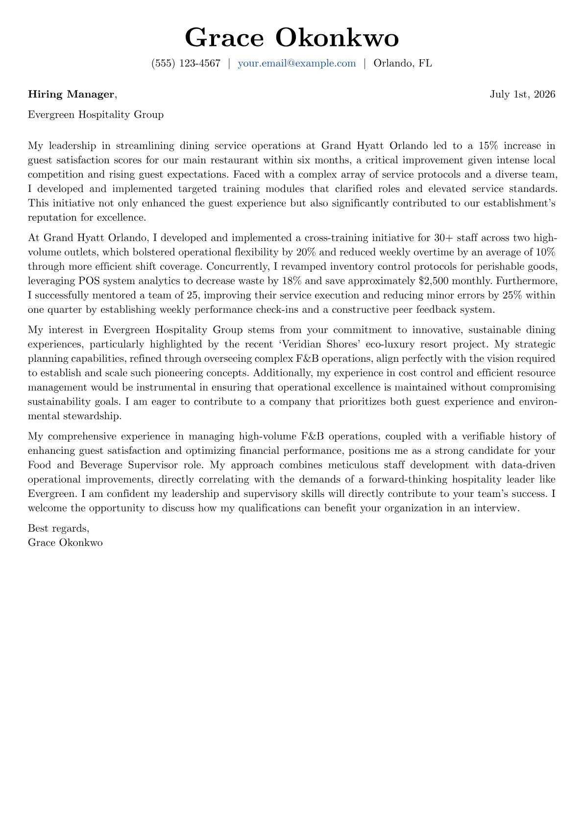 Food and Beverage Supervisor cover letter formatted with a JobSprout template