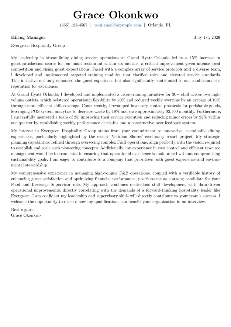 Food and Beverage Supervisor Cover Letter Example