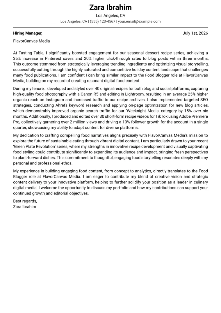 Food Blogger cover letter example preview