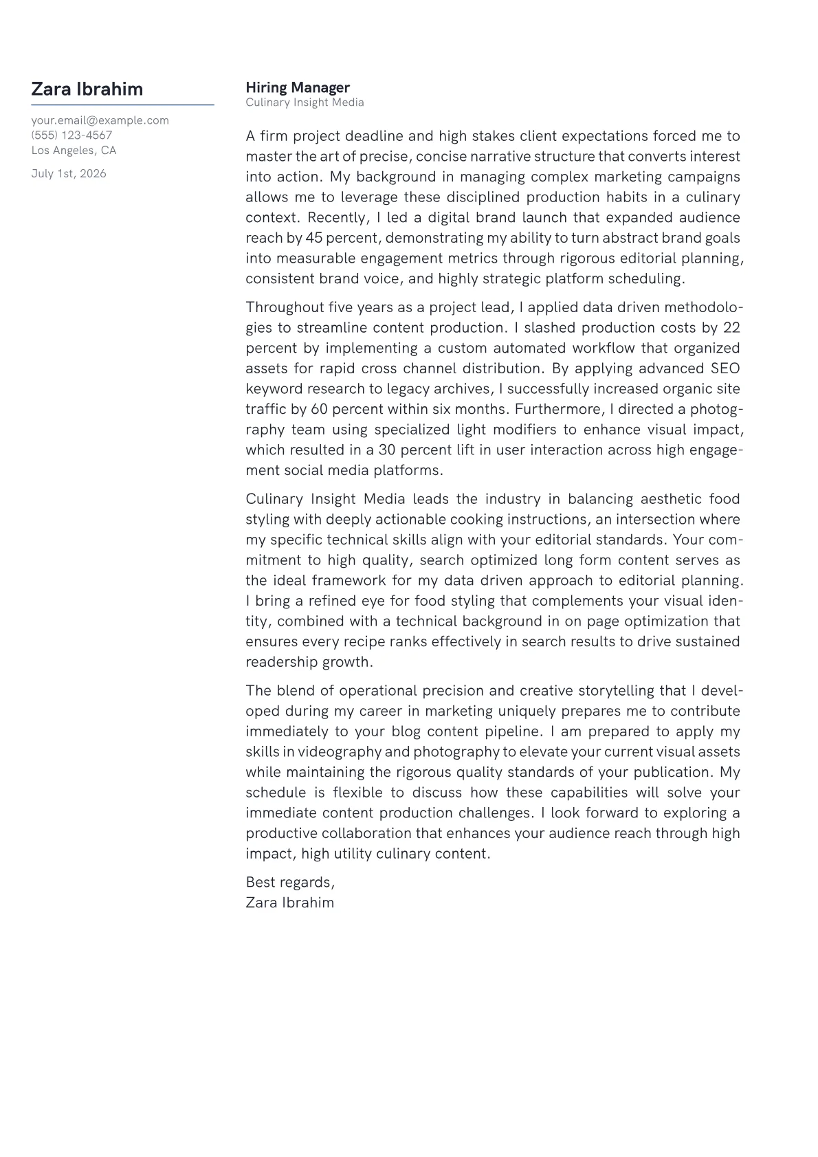 Food Blogger cover letter in the Margin design