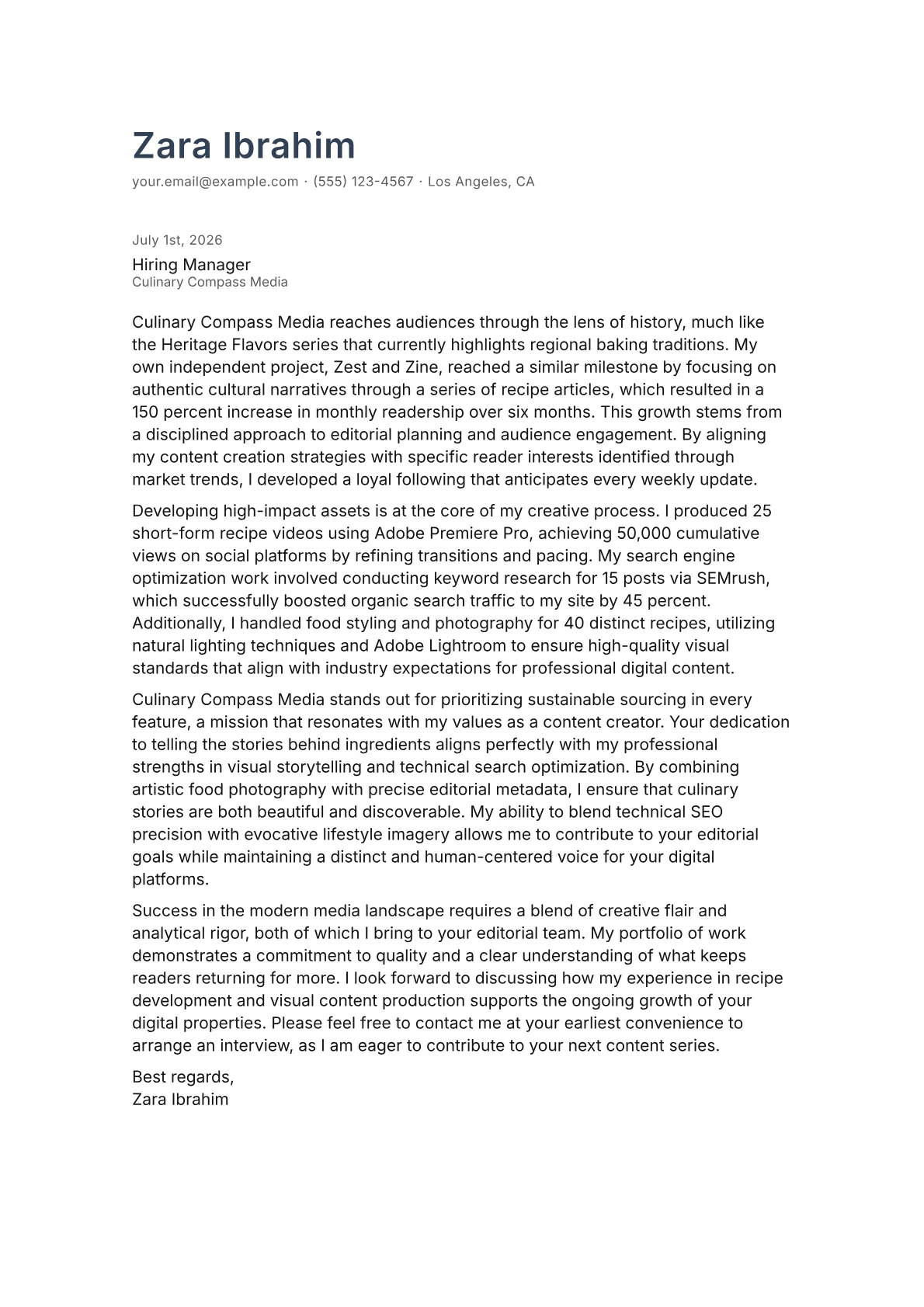 Food Blogger cover letter in the Minimal design