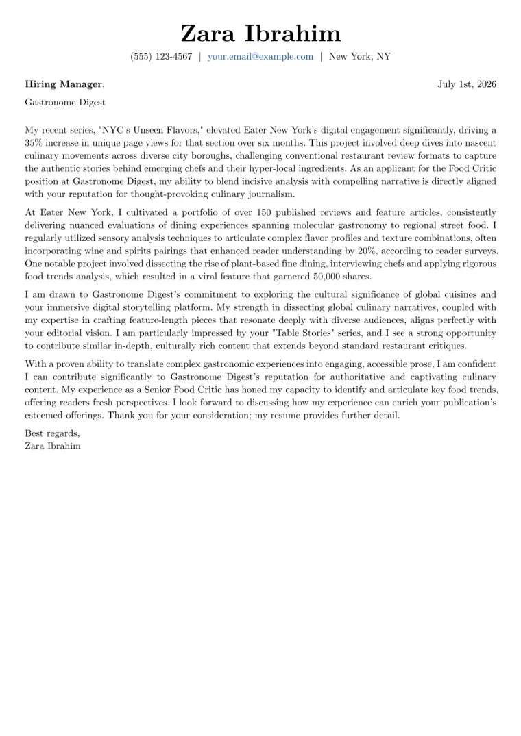 Food Critic cover letter example