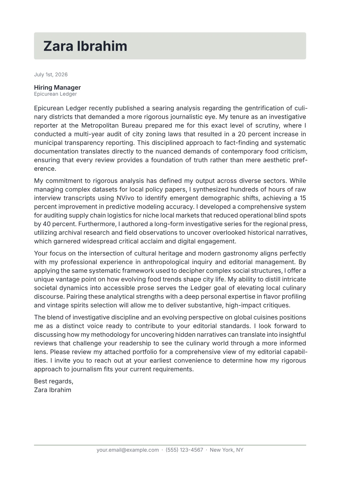 Food Critic cover letter in the Letterhead design