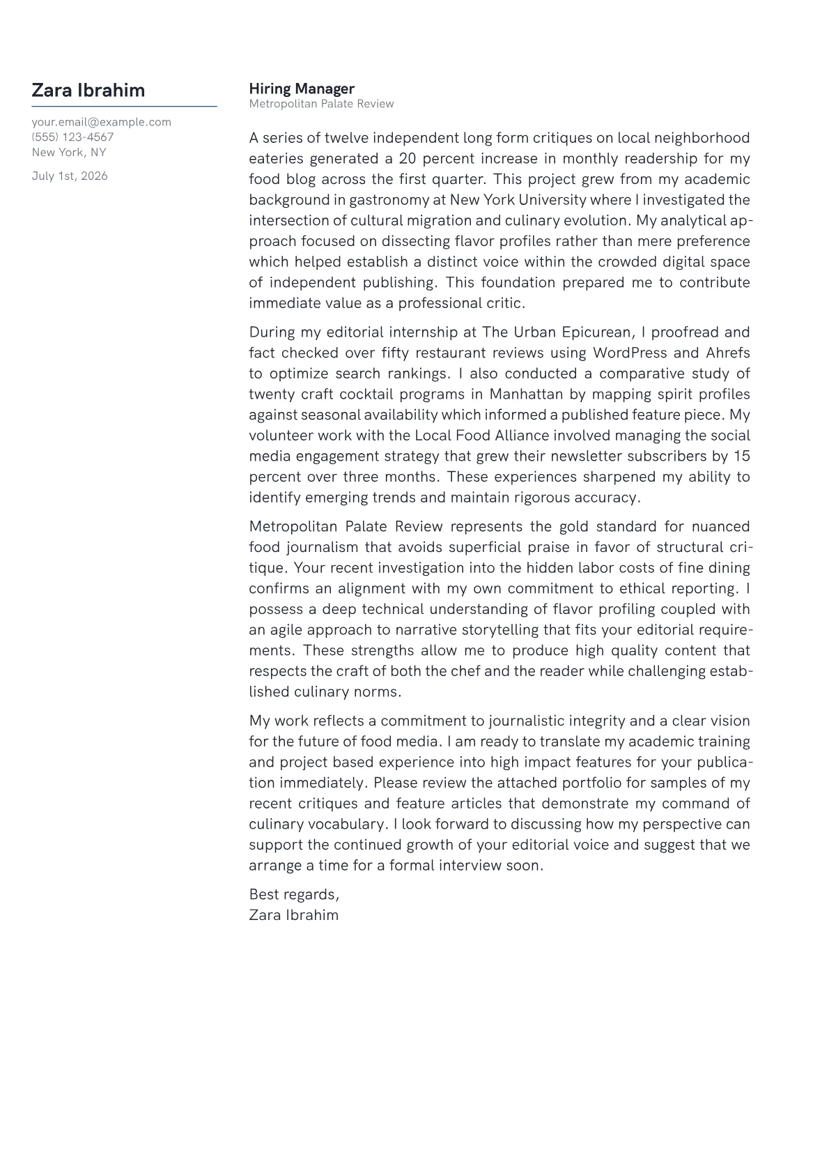 Food Critic cover letter in the Margin design