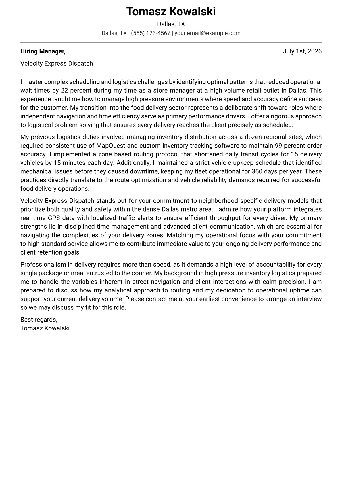 Food Delivery Driver cover letter in the Modern design