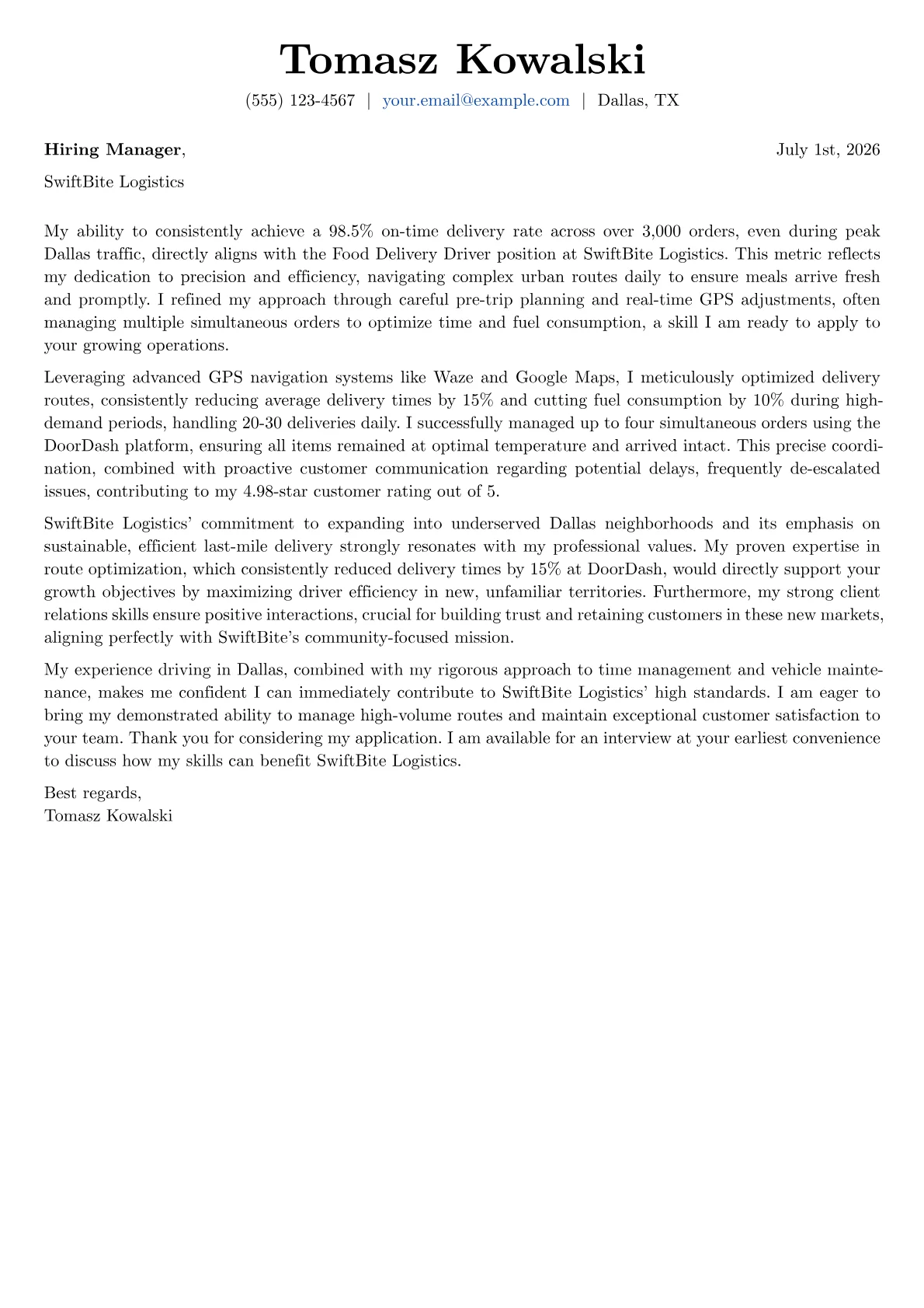 Food Delivery Driver cover letter formatted with a JobSprout template