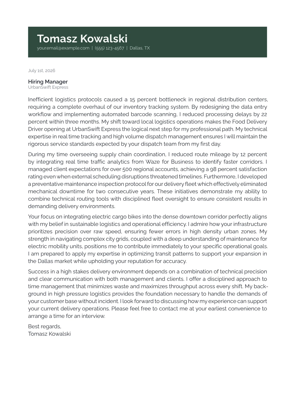 Food Delivery Driver cover letter in the Banner design