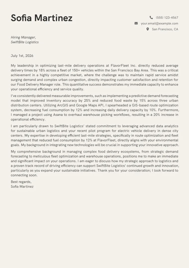 Food Delivery Manager cover letter example