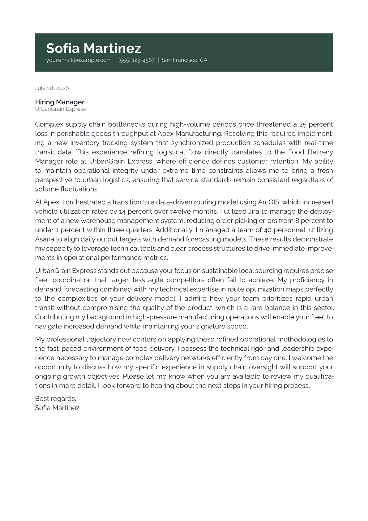 Food Delivery Manager cover letter in the Banner design