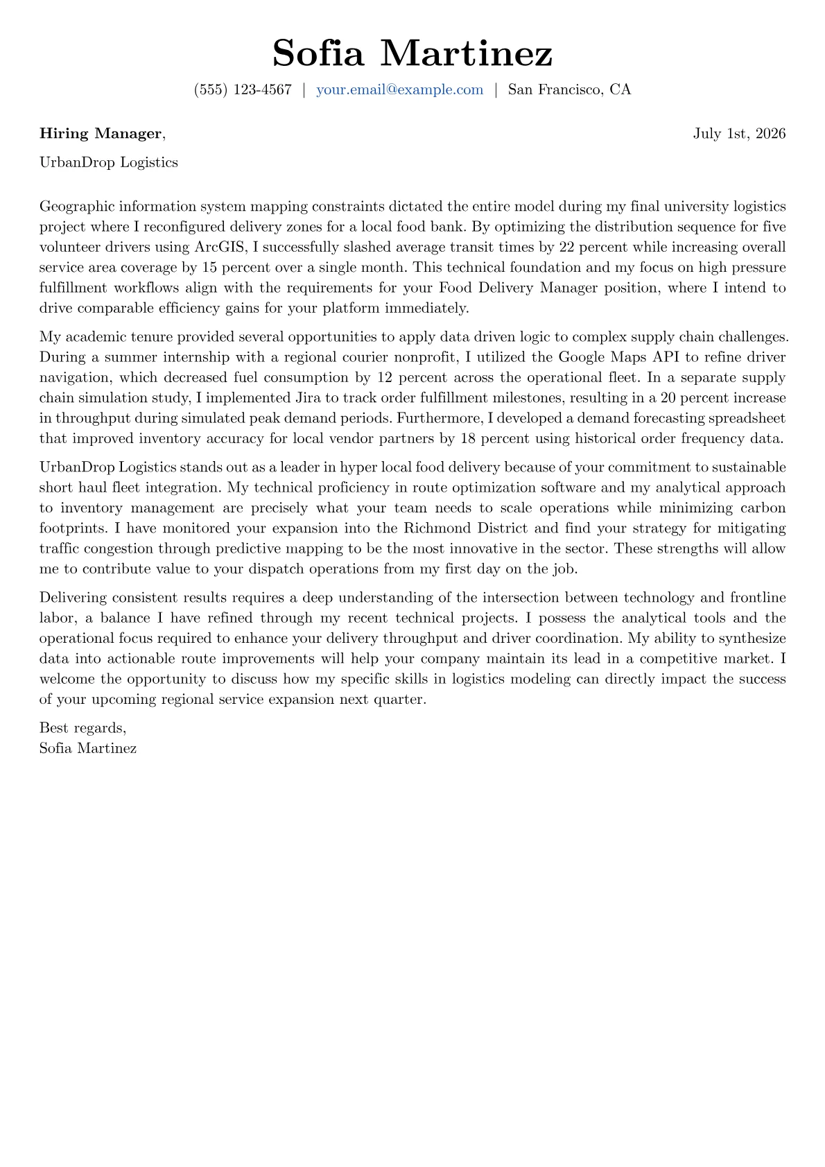 Food Delivery Manager cover letter in the Basic design