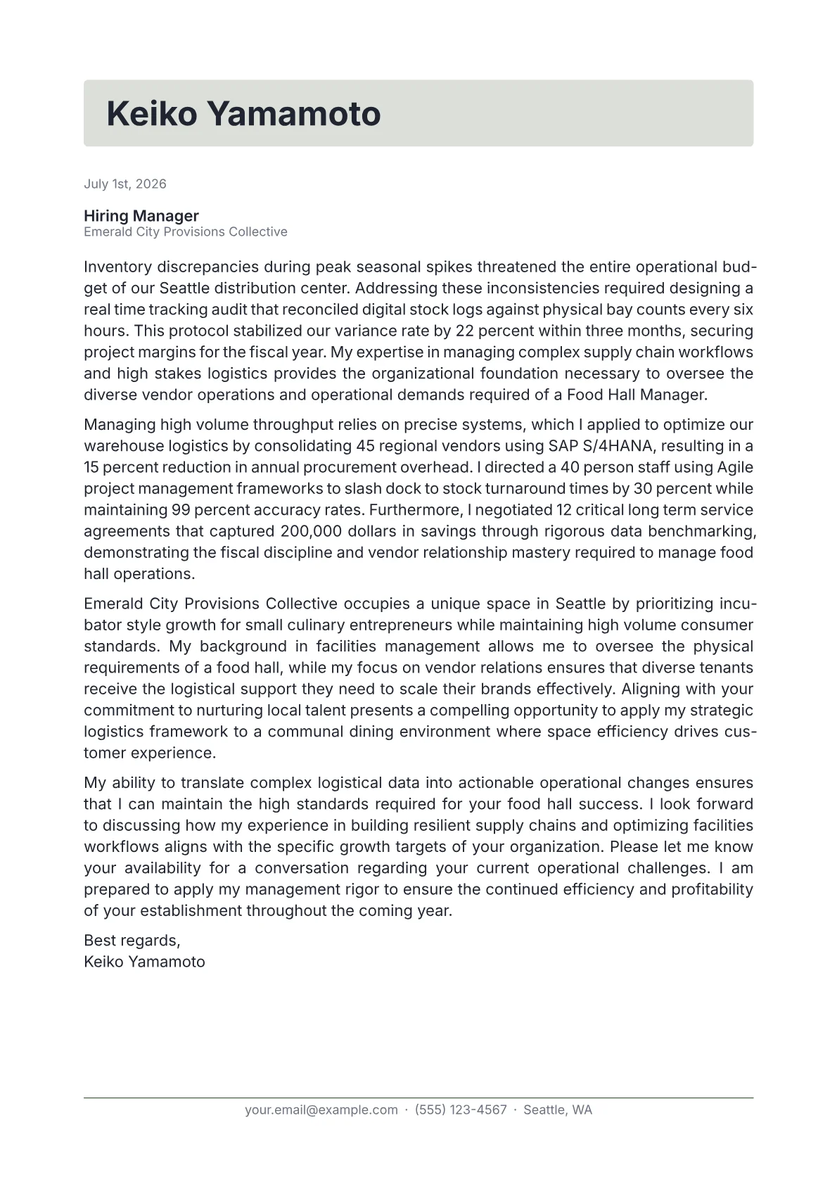 Food Hall Manager cover letter in the Letterhead design