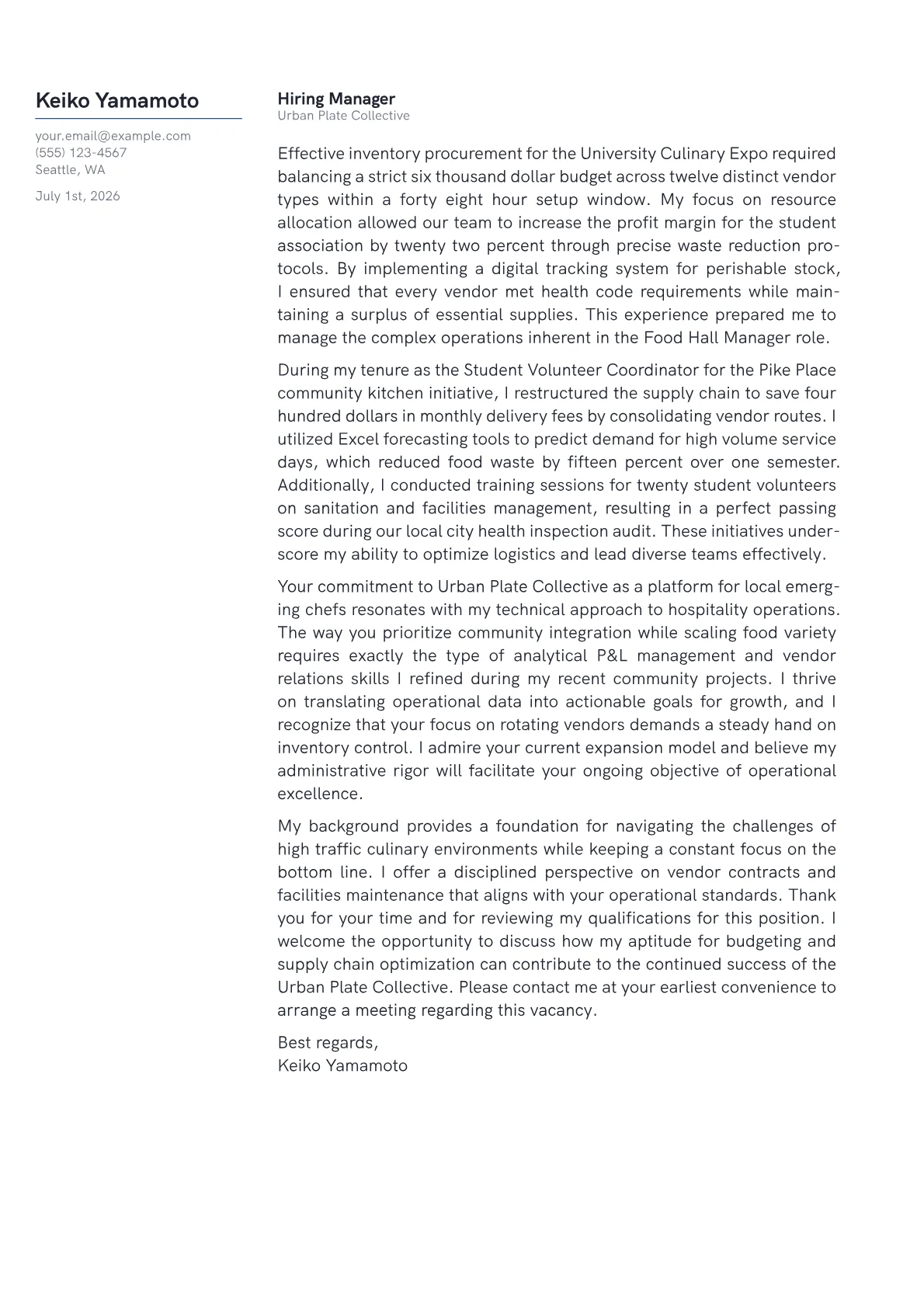 Food Hall Manager cover letter in the Margin design