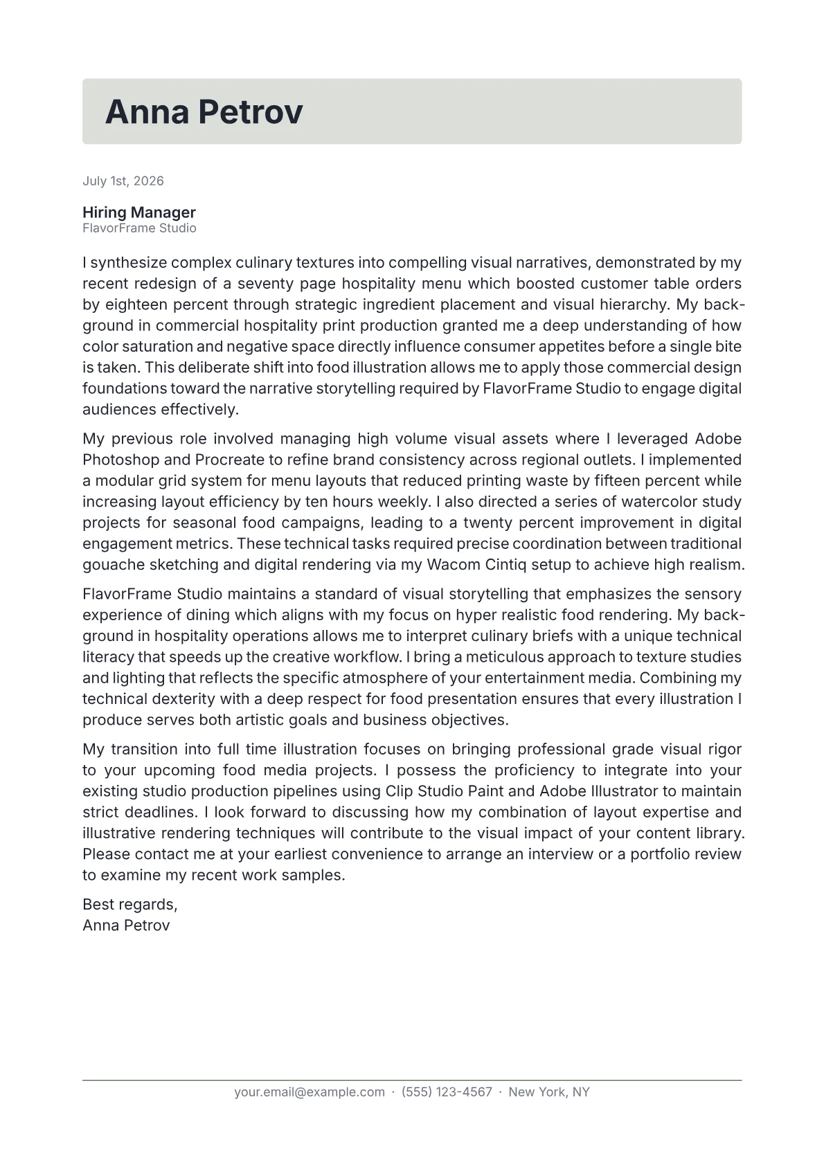 Food Illustrator cover letter in the Letterhead design
