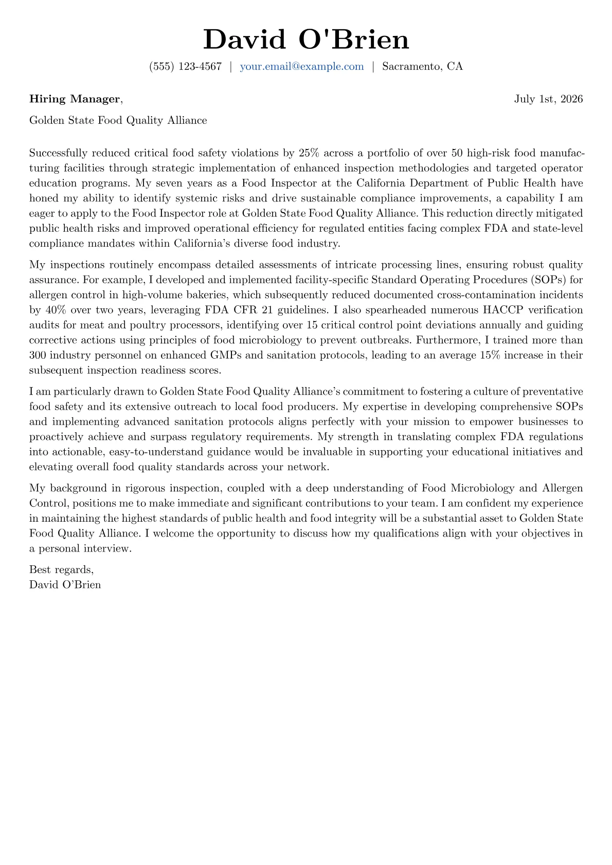 Food Inspector cover letter formatted with a JobSprout template