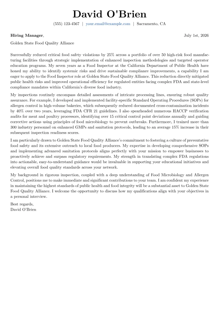 Food Inspector cover letter example preview