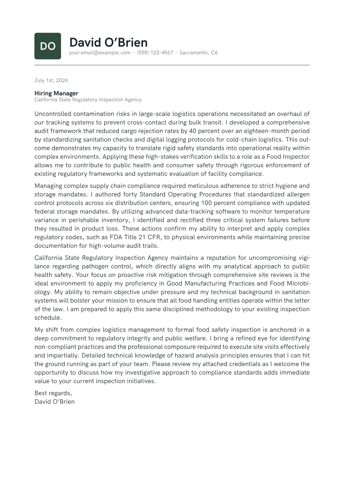 Food Inspector cover letter in the Emblem design