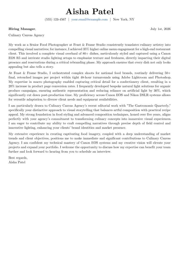 Food Photographer cover letter example preview