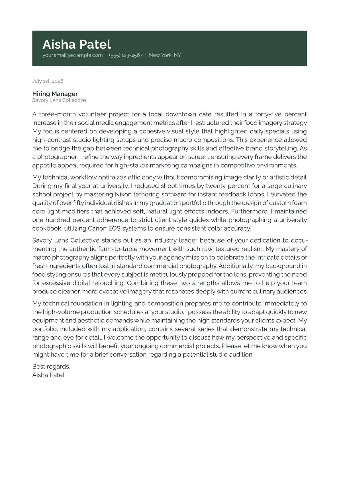 Food Photographer cover letter in the Banner design