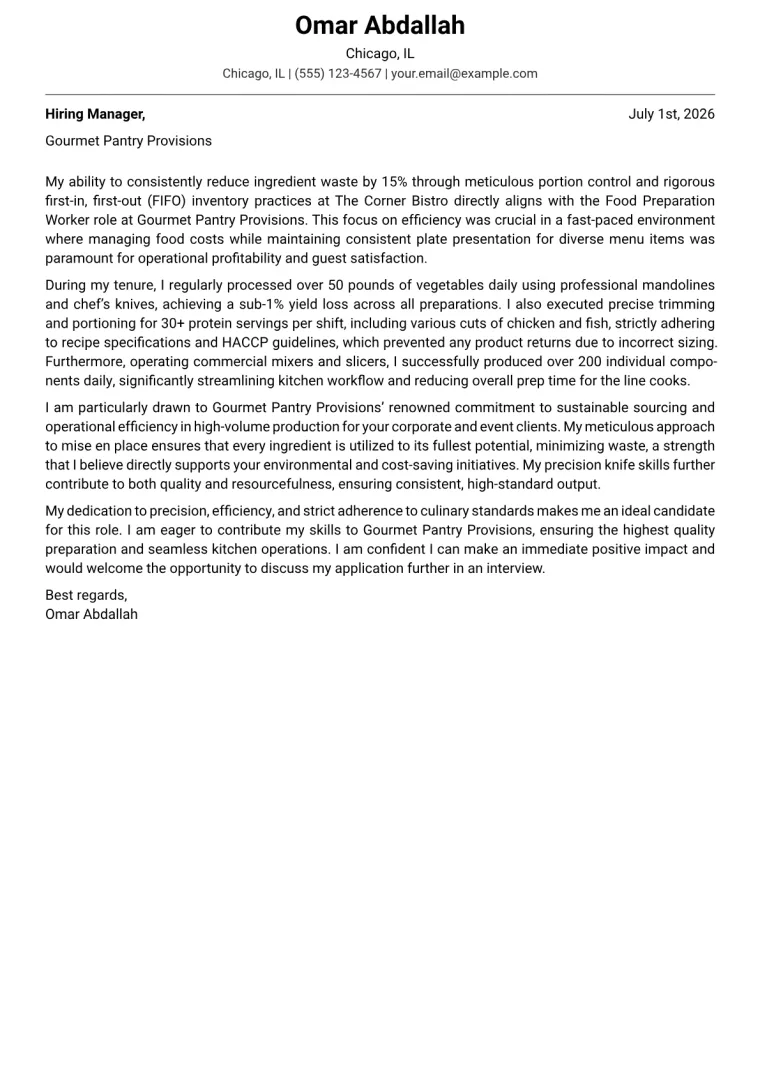 Food Preparation Worker cover letter example preview