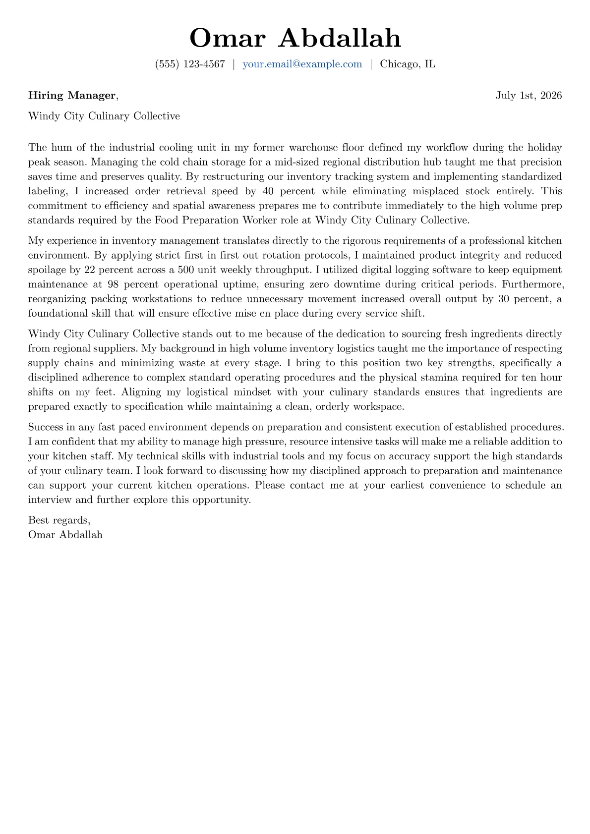 Food Preparation Worker cover letter in the Basic design