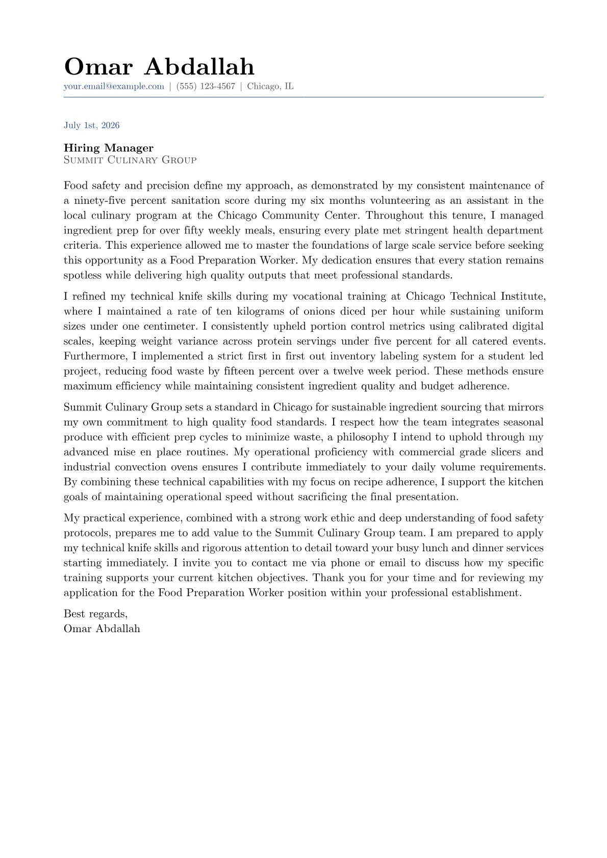 Food Preparation Worker cover letter in the Classic design