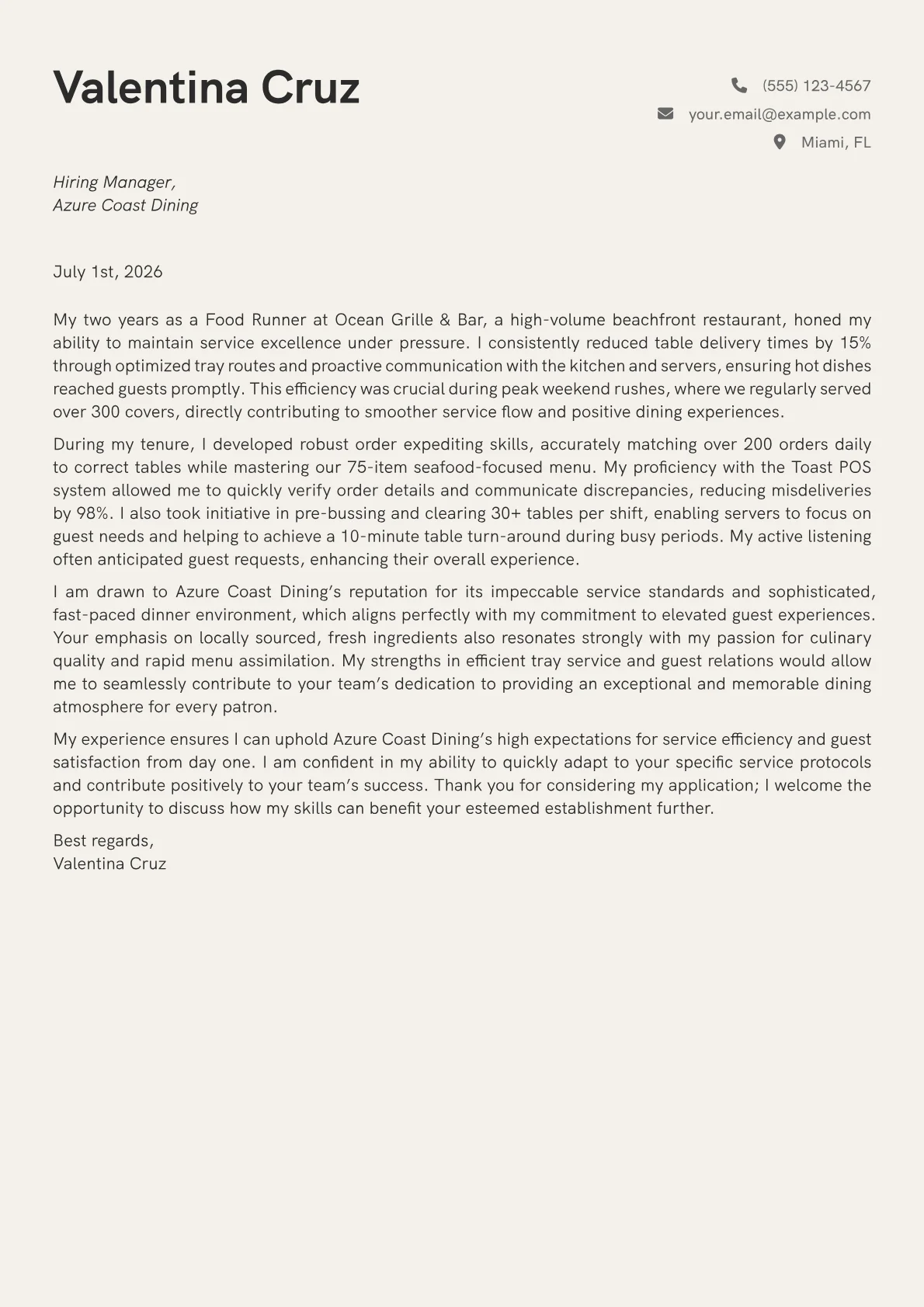 Food Runner cover letter formatted with a JobSprout template
