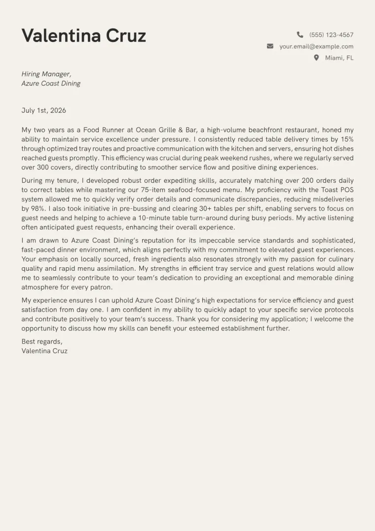Food Runner cover letter example preview