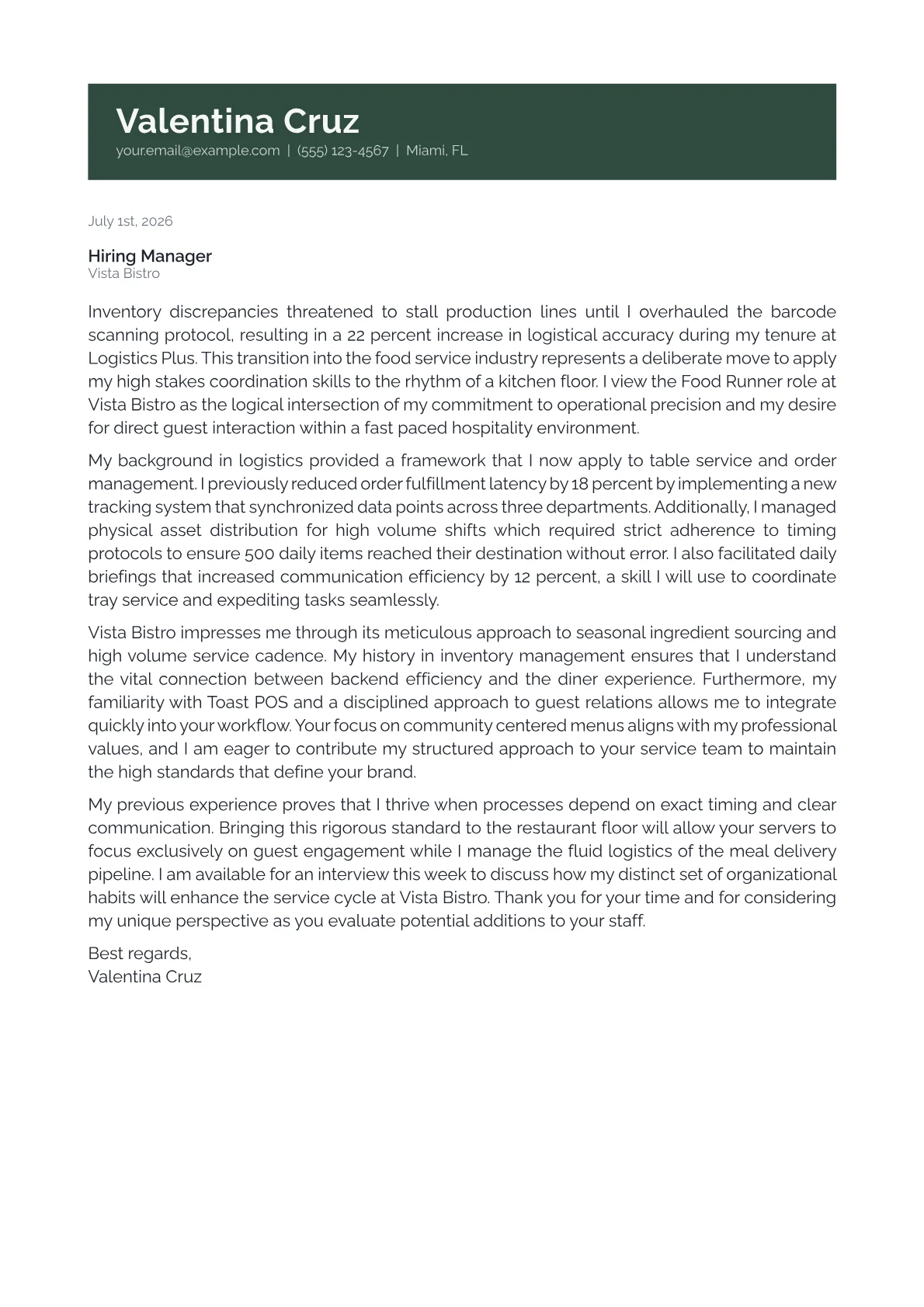 Food Runner cover letter in the Banner design