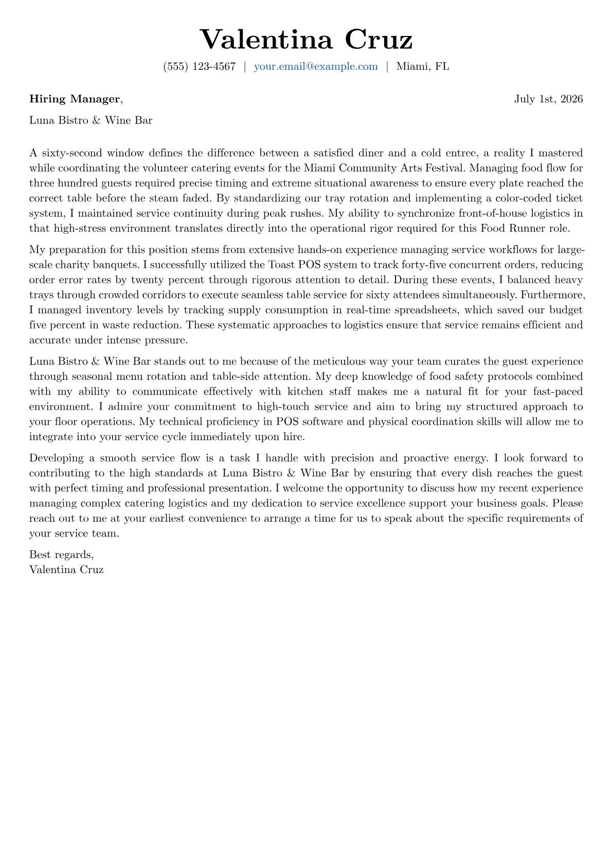 Food Runner cover letter in the Basic design