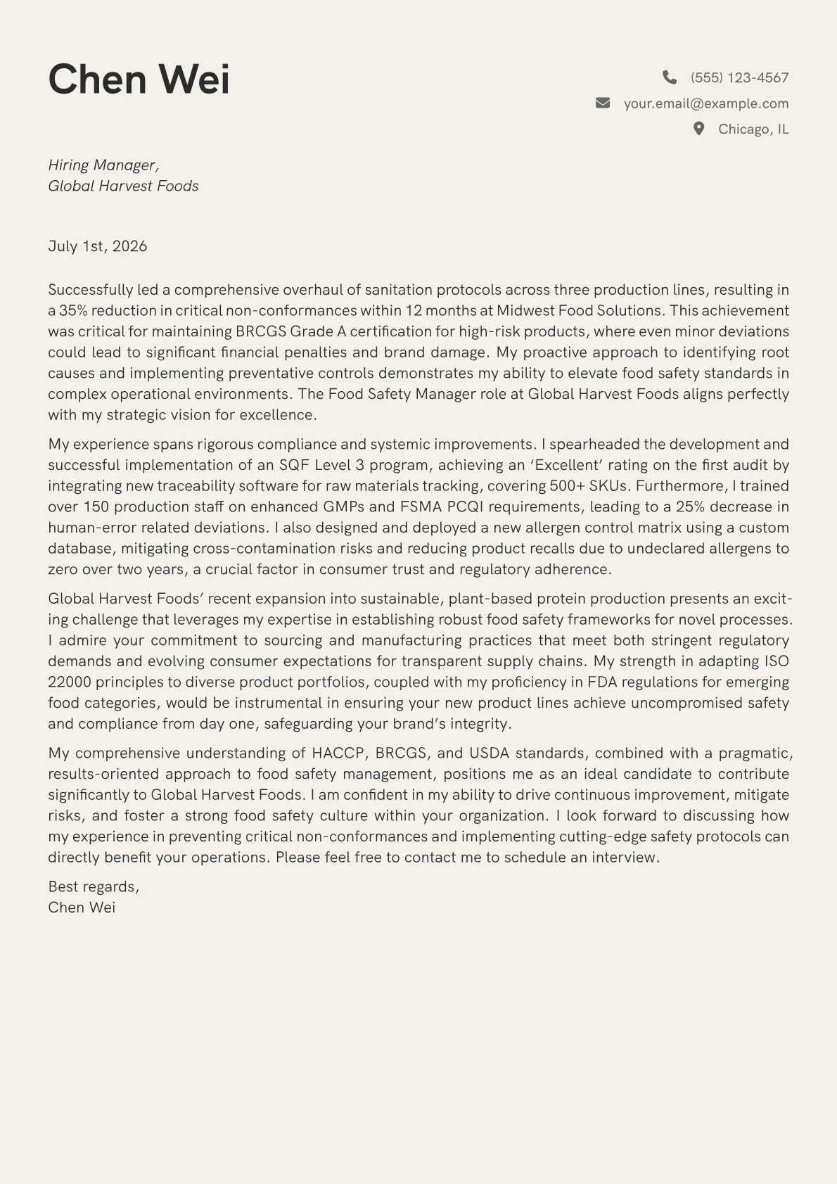 Food Safety Manager cover letter formatted with a JobSprout template