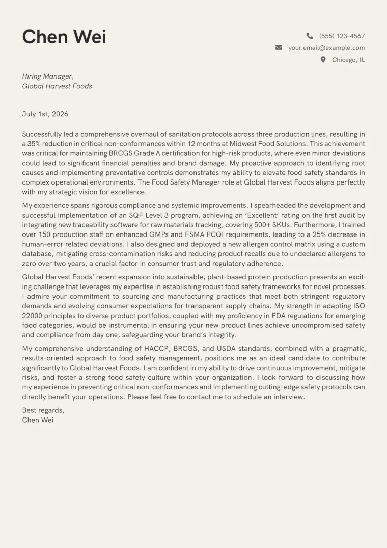 Food Safety Manager cover letter example preview