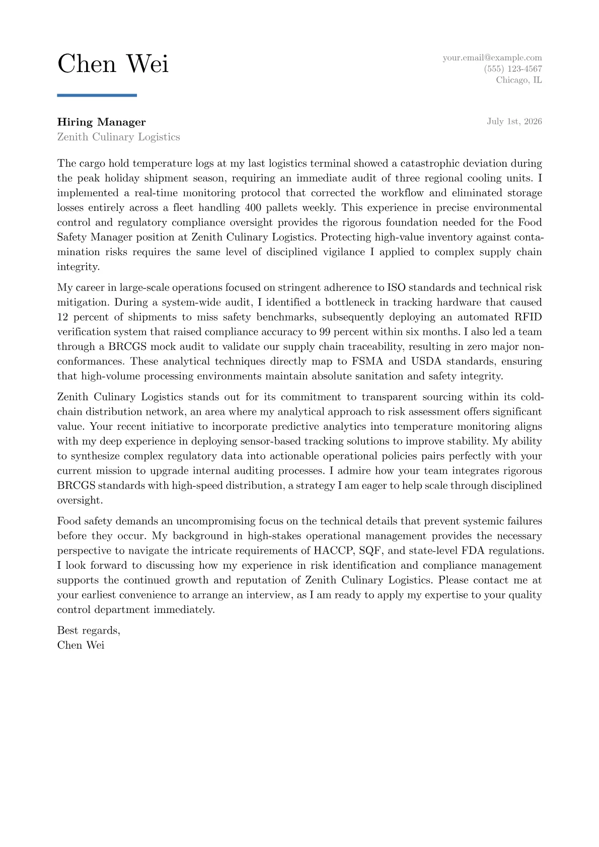 Food Safety Manager cover letter in the Executive design