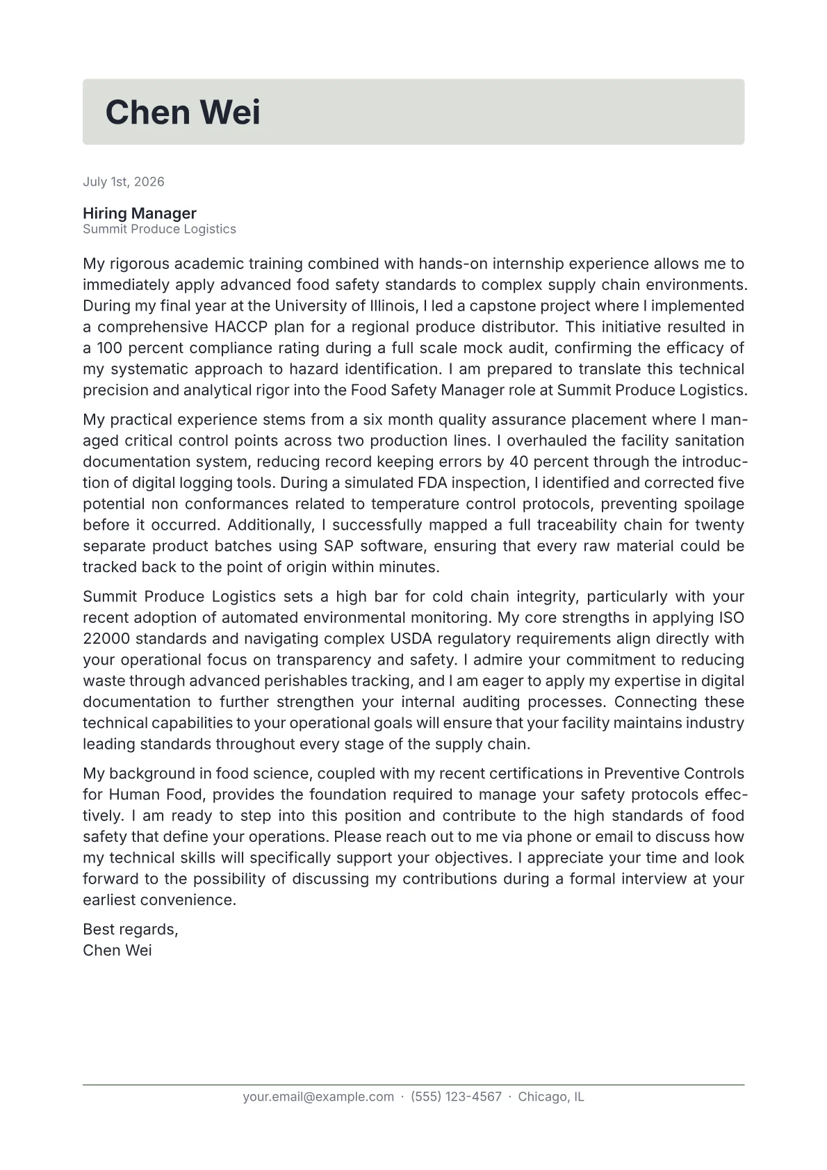 Food Safety Manager cover letter in the Letterhead design