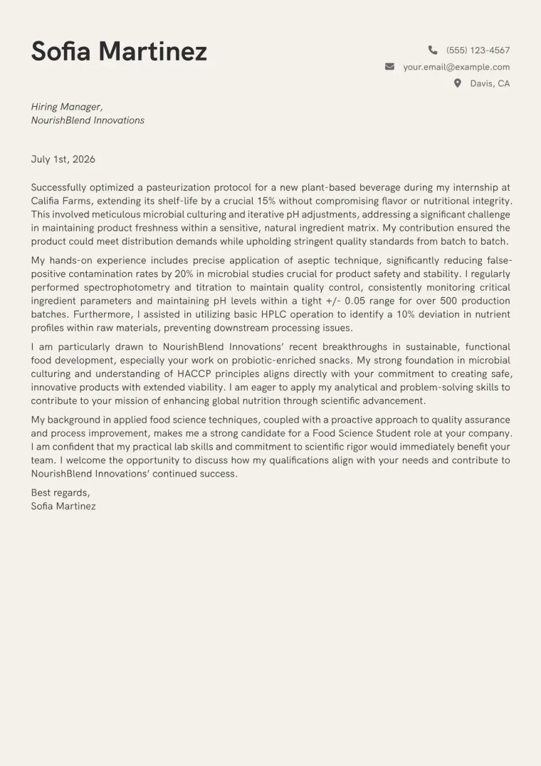 Food Science Student cover letter example preview
